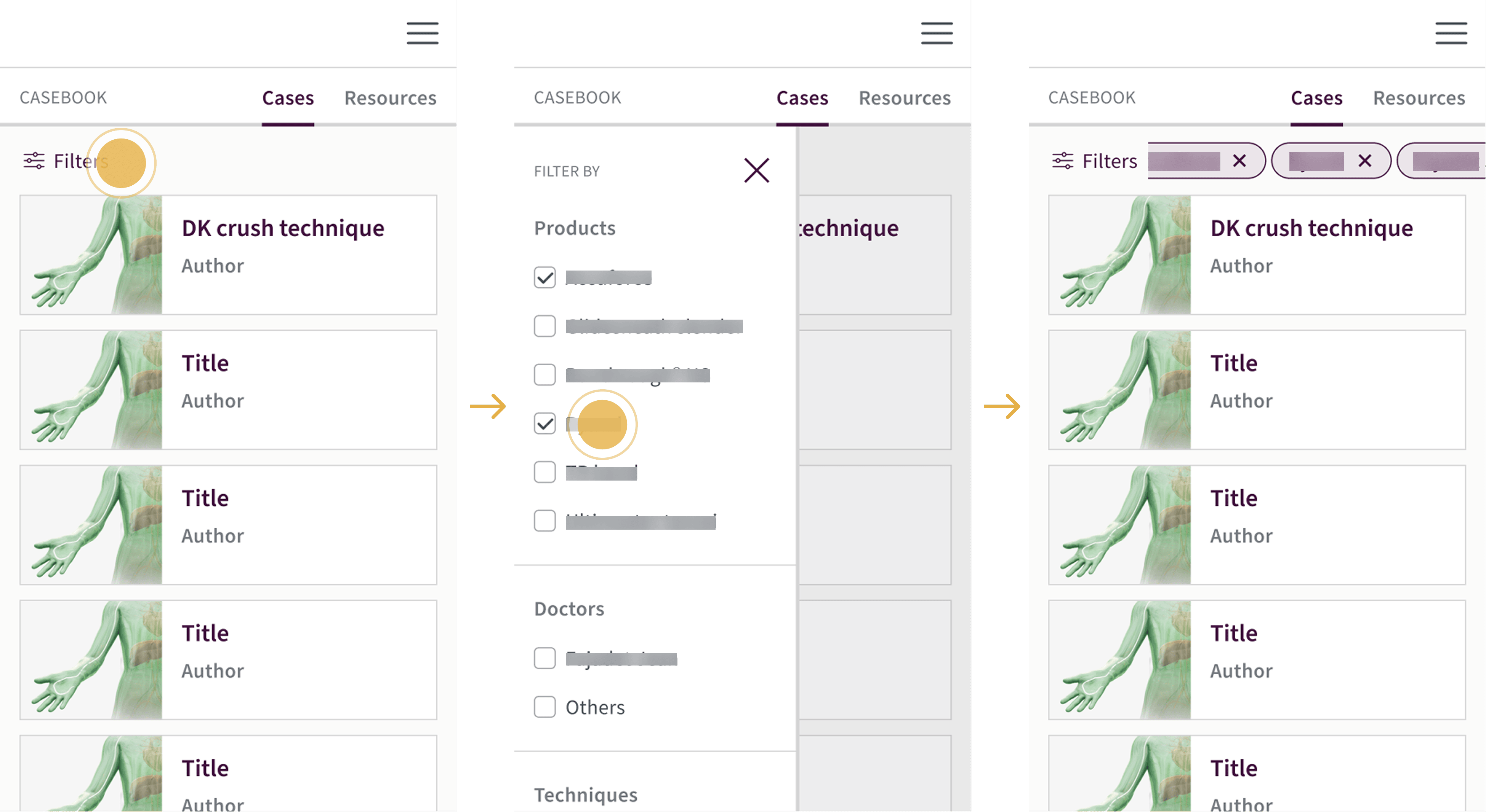 Responsive mobile mockups of the filters flow
