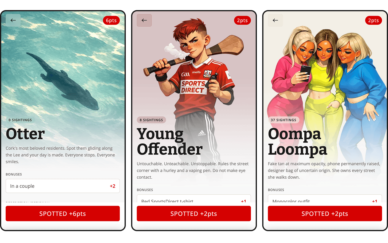 Three CorkBrute spotting screens side by side, for Heron, Young Offender and Oompa Loompa, each showing a sighting count, flavor description, bonus fields, and a Spotted button