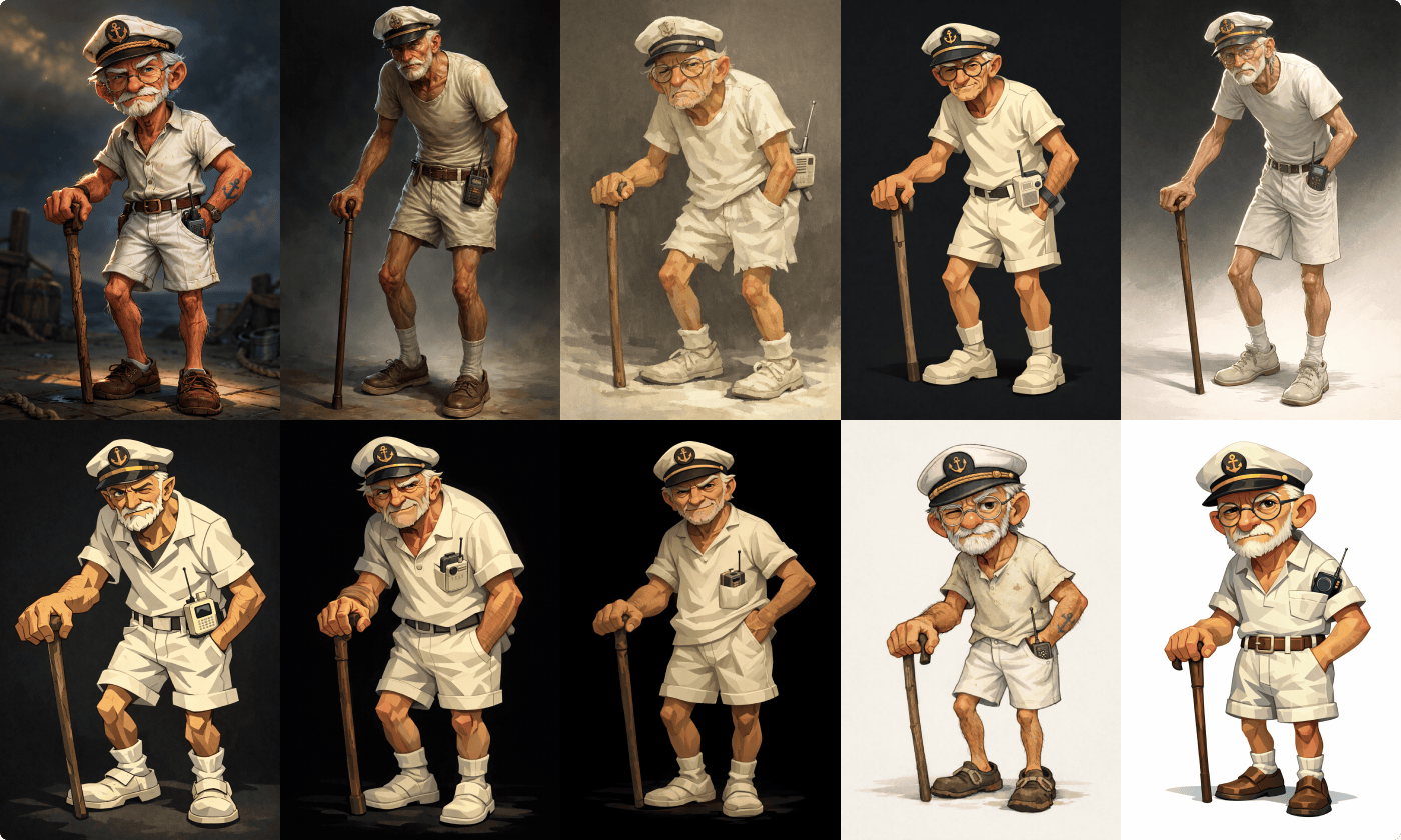 Grid of art style explorations for the same character, moving from a painterly Arcane-style look toward a flatter, more consistent illustration style
