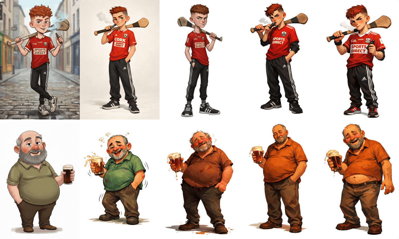 Grid of exploration renders across two different characters, a young hurling fan and an older man with a pint, testing pose and outfit variations