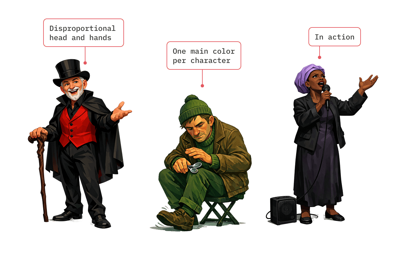 Three finished characters annotated with callouts: disproportional head and hands, one main color per character, and in action poses