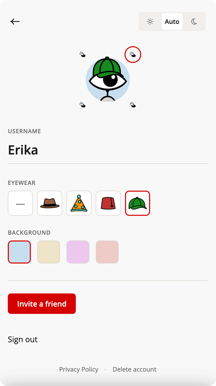 CorkBrute's profile screen, customizing the avatar's eyewear and background color
