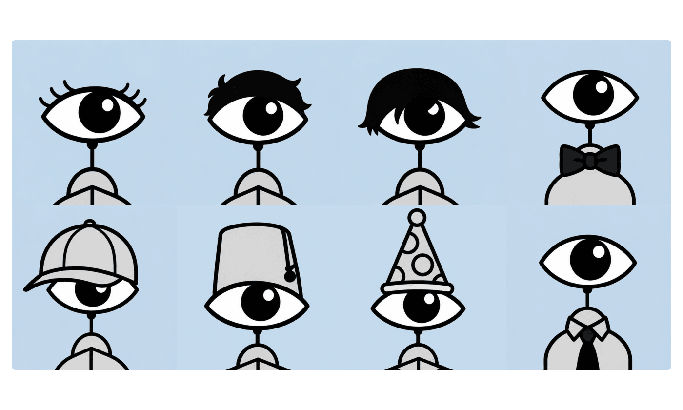 Grid of avatar customization options, all a single eye on a body, with different hair, hats, a bow tie and a shirt and tie