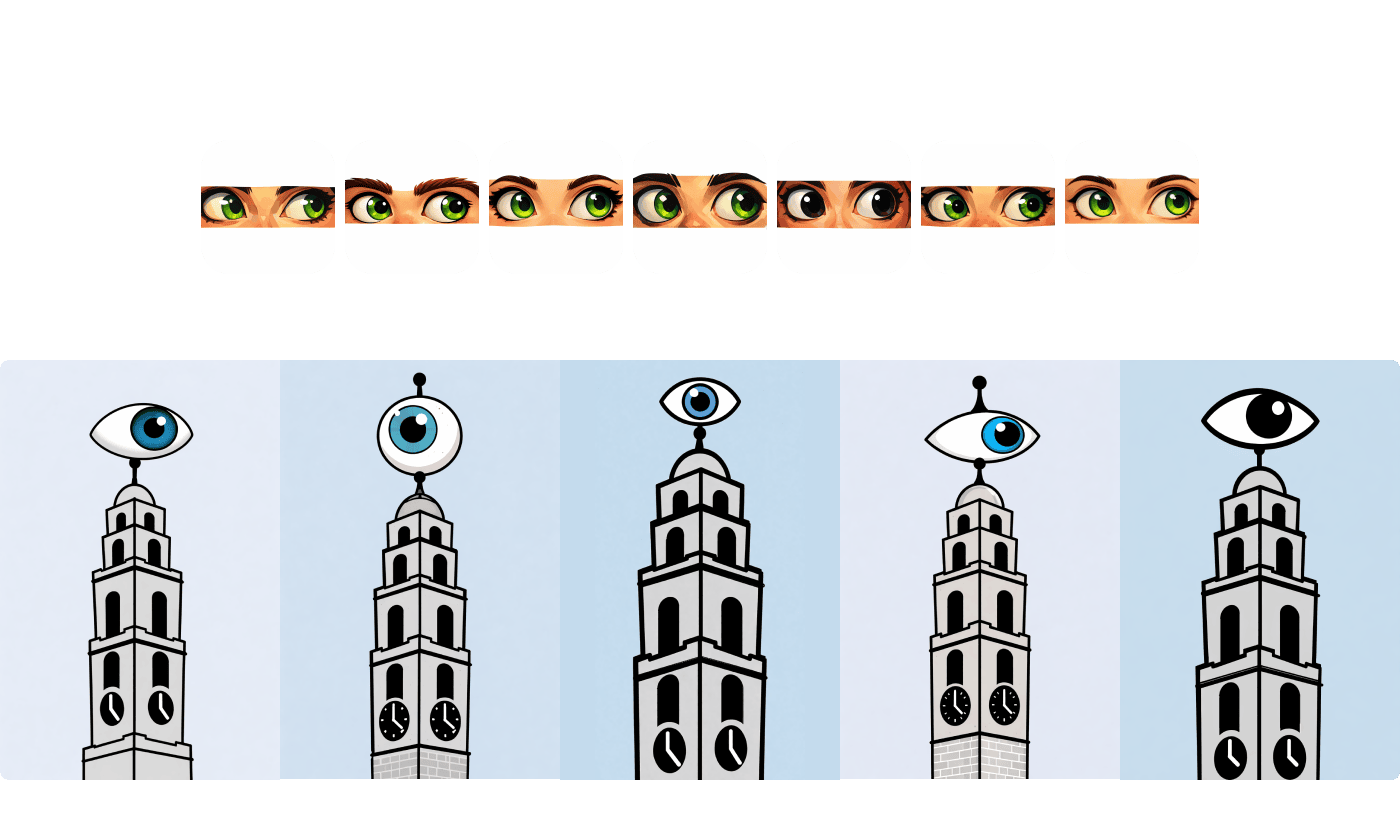 A row of eye close-up explorations in different colors and expressions, above five variations of the Shandon Tower logo with different eye styles on top