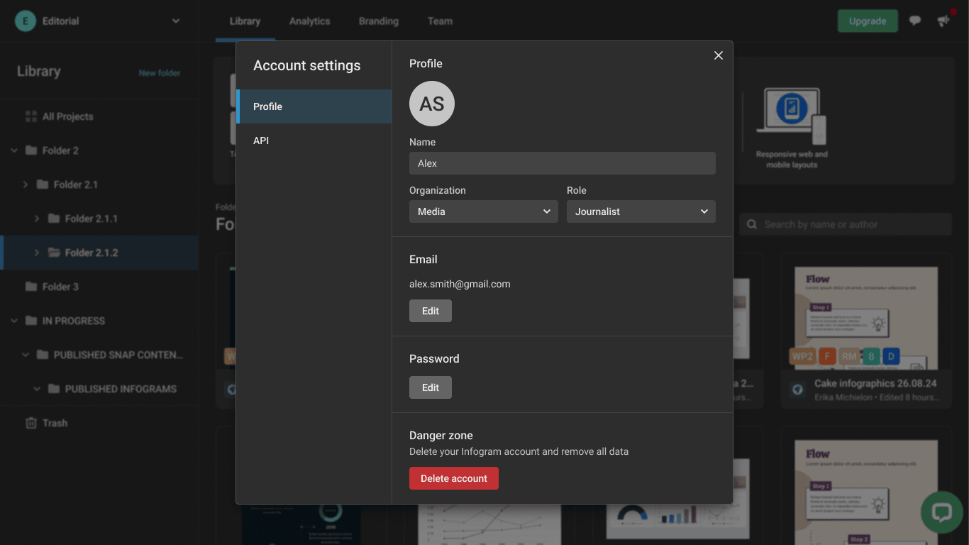 Infogram account settings after the redesign