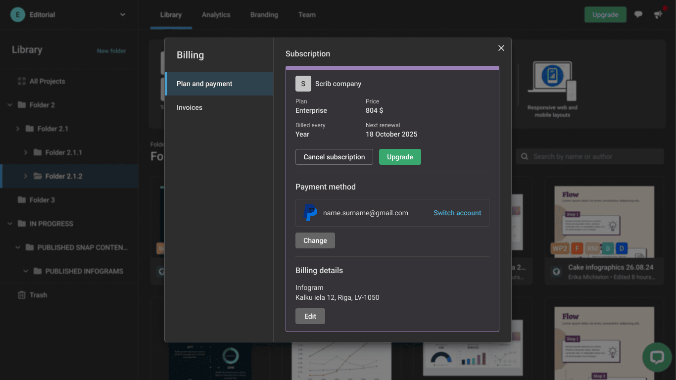 Infogram billing page after the redesign