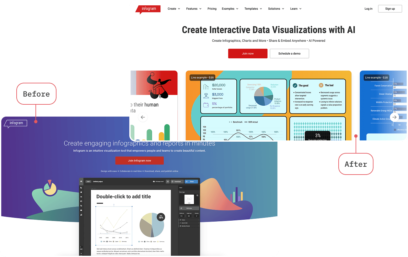Screenshot of the landing page, before and after