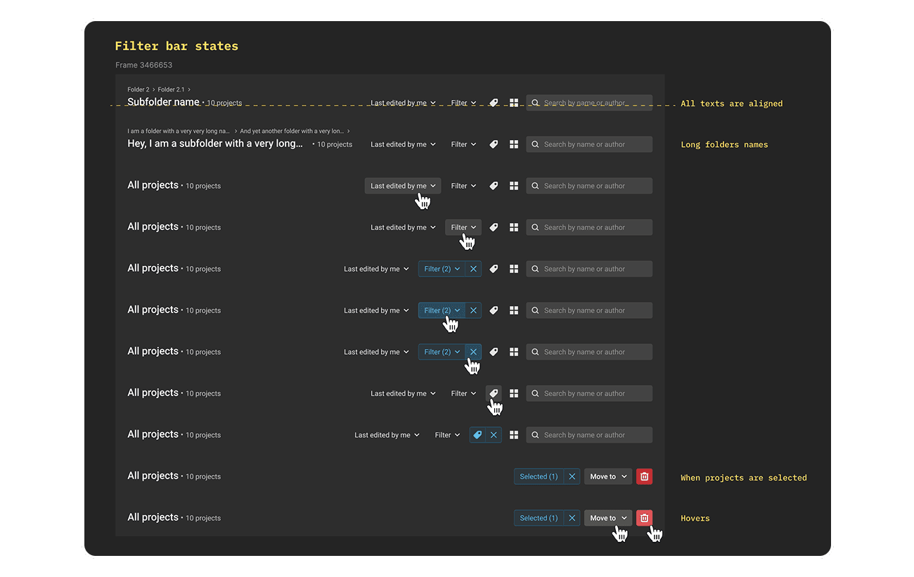 Filter bar and project row states, including long names, active filters, and bulk selection