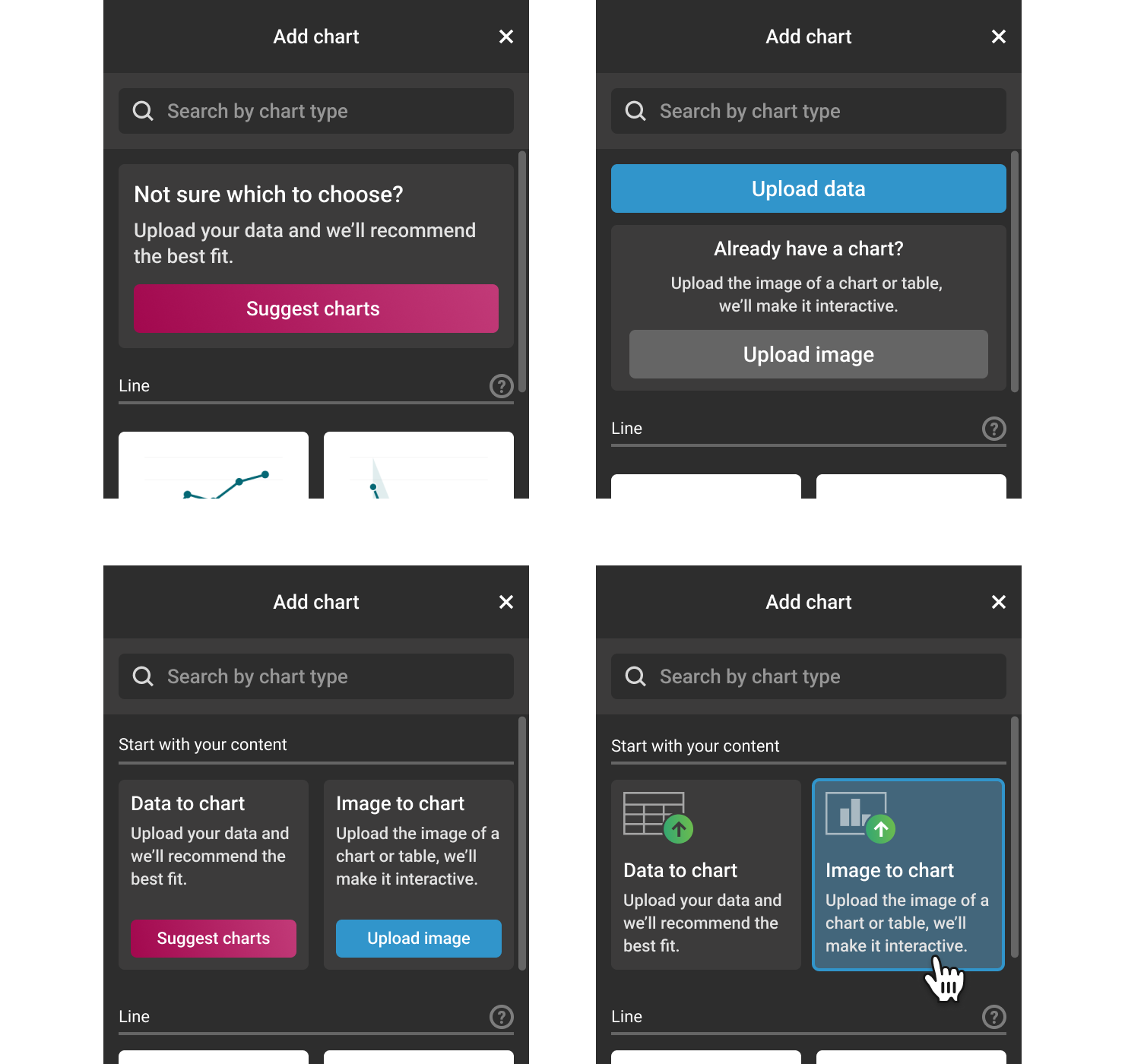 Two versions of the Add chart panel: on the left, Data to chart and Image to chart as simple buttons; on the right, the same two options as refined cards with icons