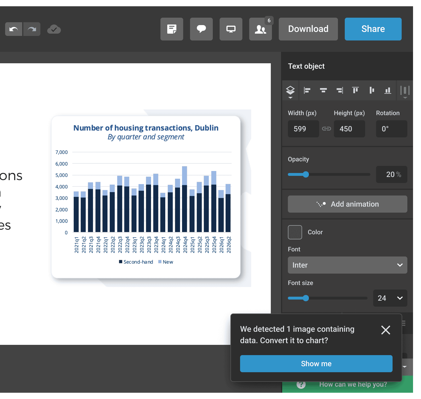 Infogram editor with a toast notification at the bottom right: “We detected 1 image containing data. Convert it to chart?” with a Show me button