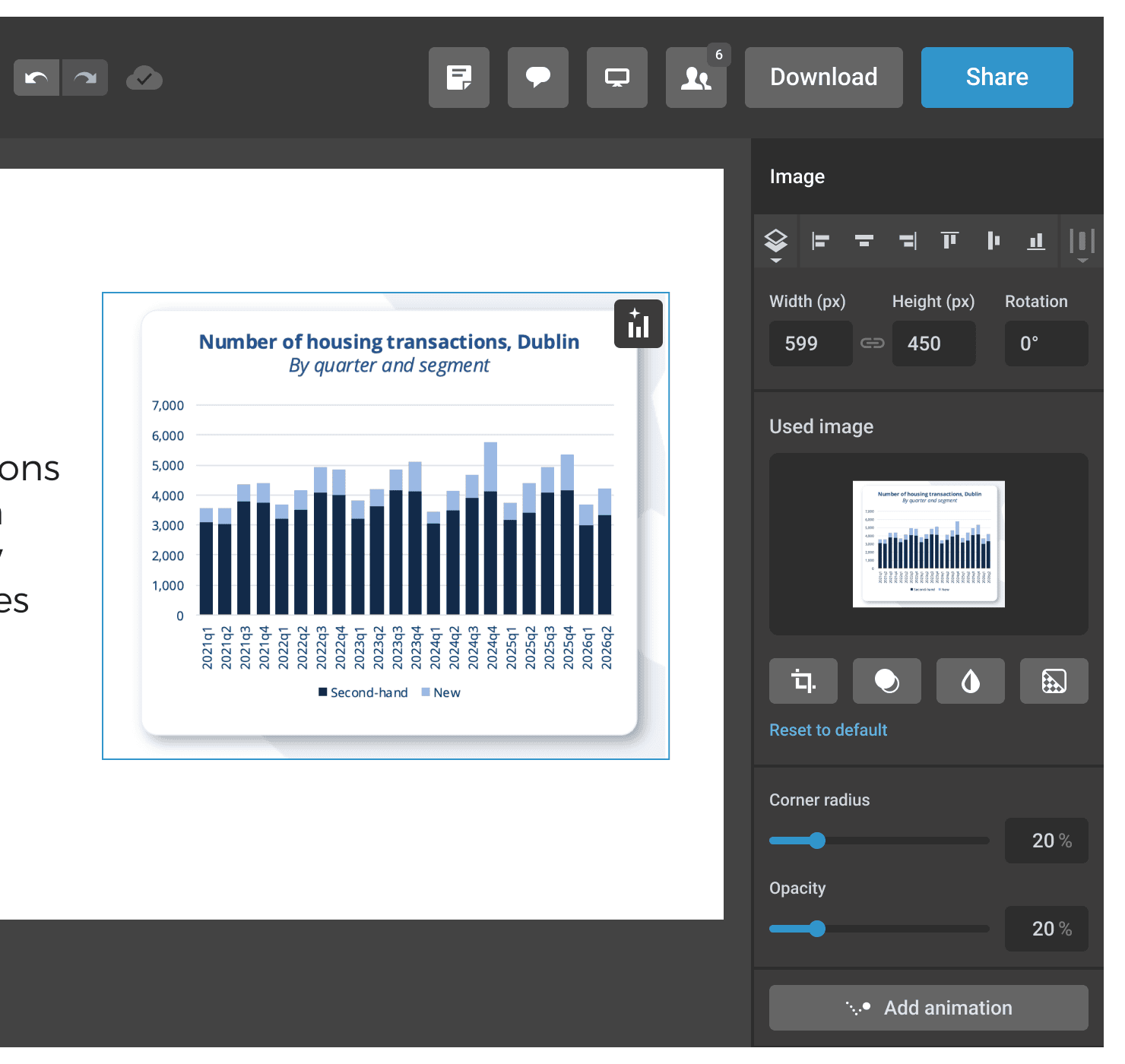 Infogram editor with a convert to chart button appearing in the top right corner of a hovered image