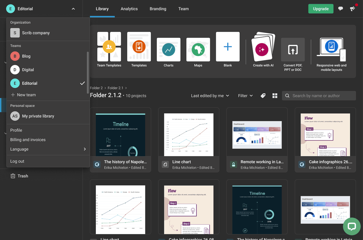 Infogram menu after the redesign
