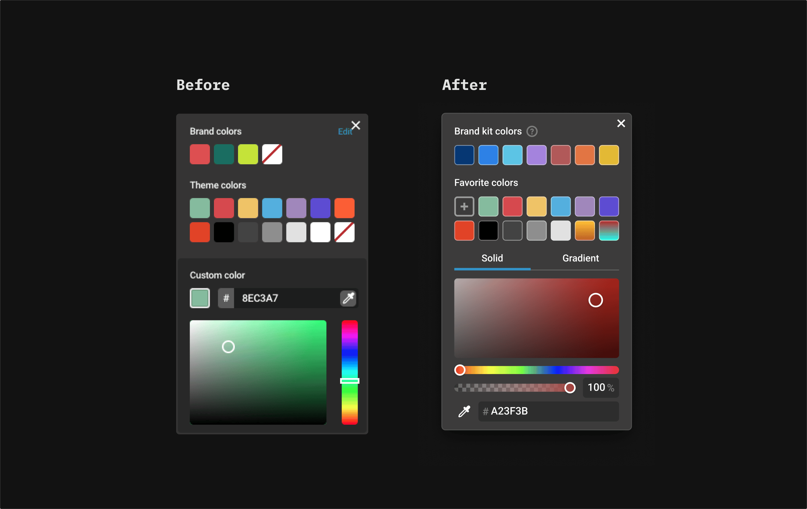 Color picker before and after the redesign: brand colors, theme colors and a custom color on the left; brand kit colors, favorite colors, solid and gradient tabs on the right