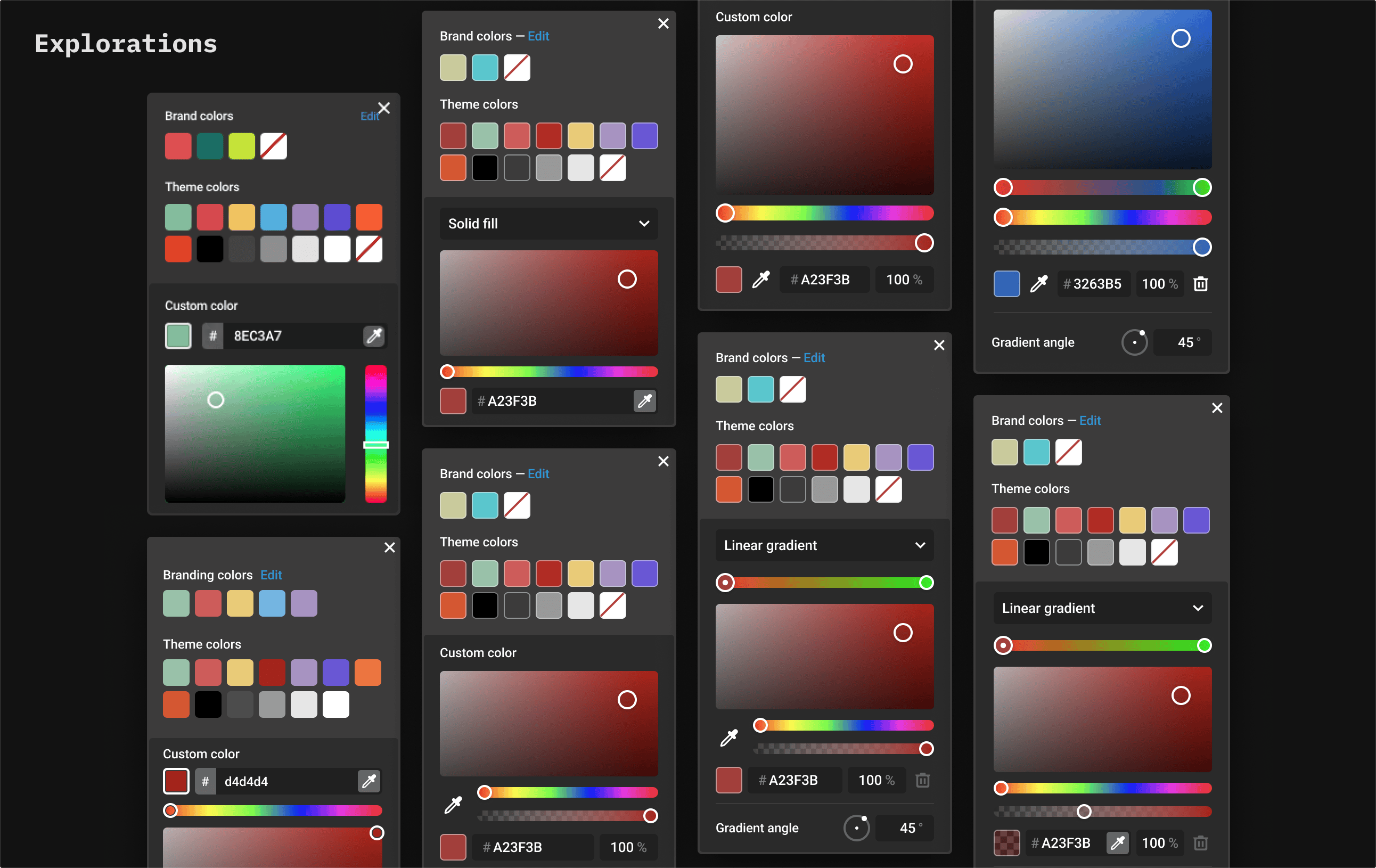 Exploration of color picker layouts with brand colors, theme colors, solid fill, linear gradient and custom color options