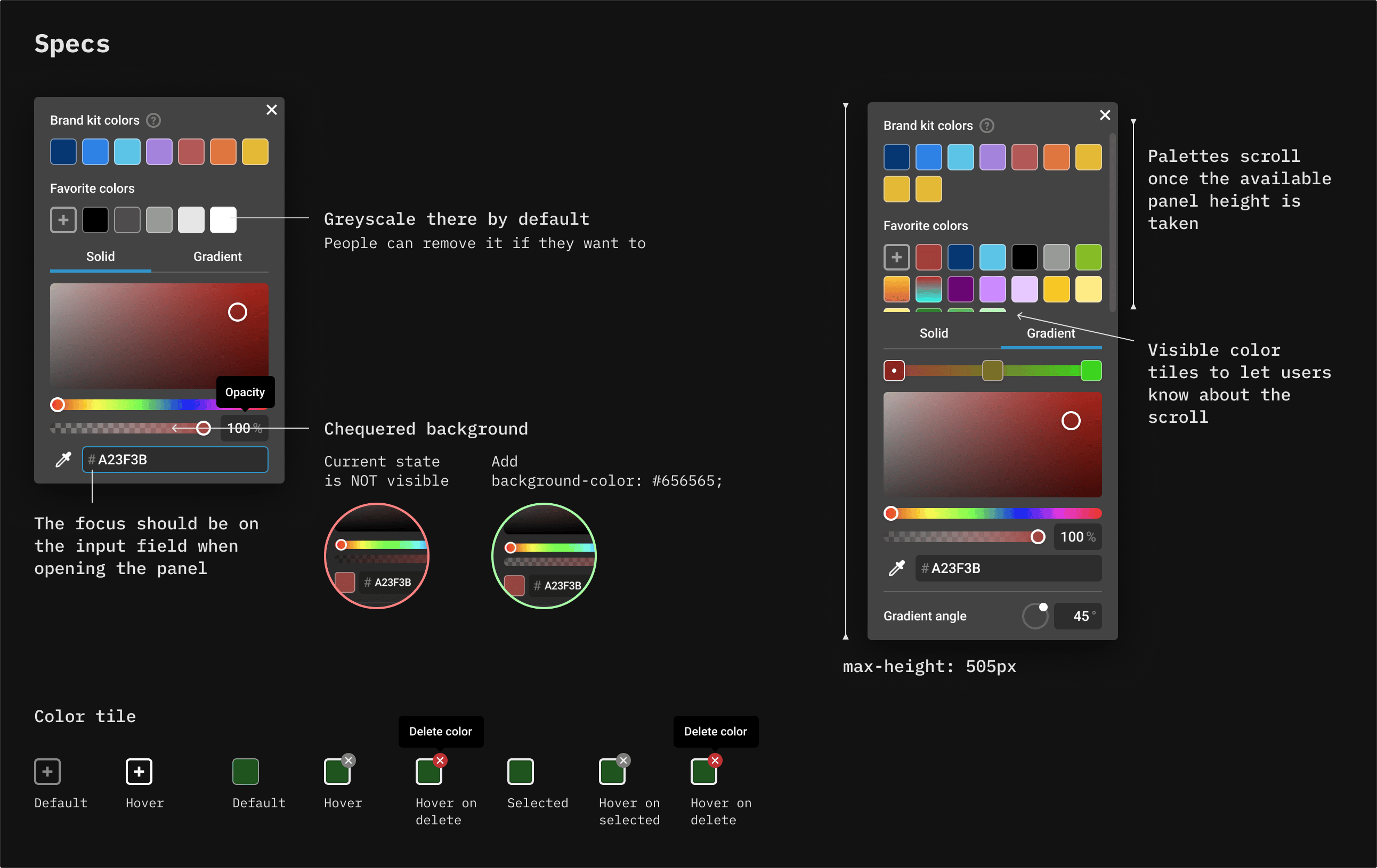 Color picker specs with annotations on focus, opacity background, scrolling palettes and color tile states