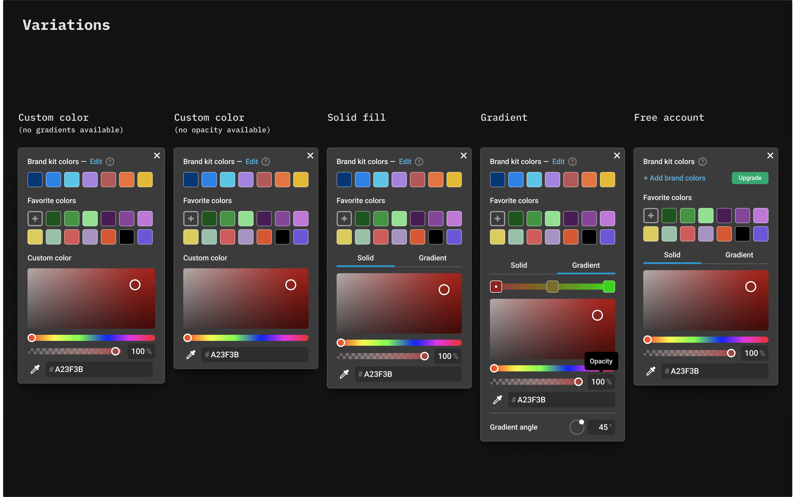 Color picker variations: no gradients, no opacity, solid fill, gradient and free account