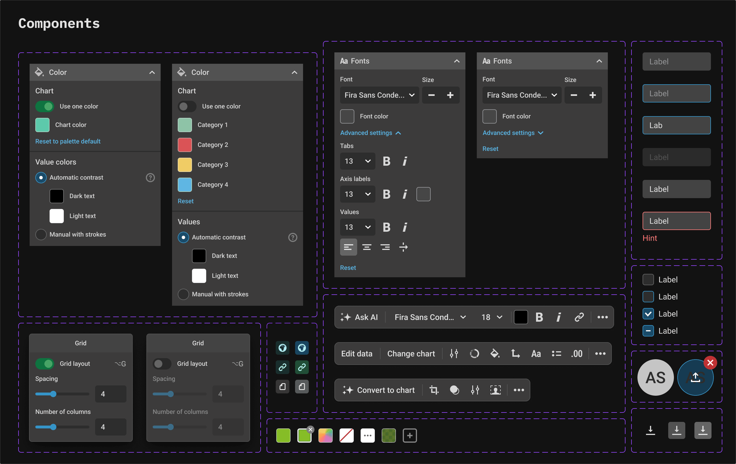 Infogram UI kit components in Figma: color, font and grid panels, toolbars, inputs, checkboxes and buttons