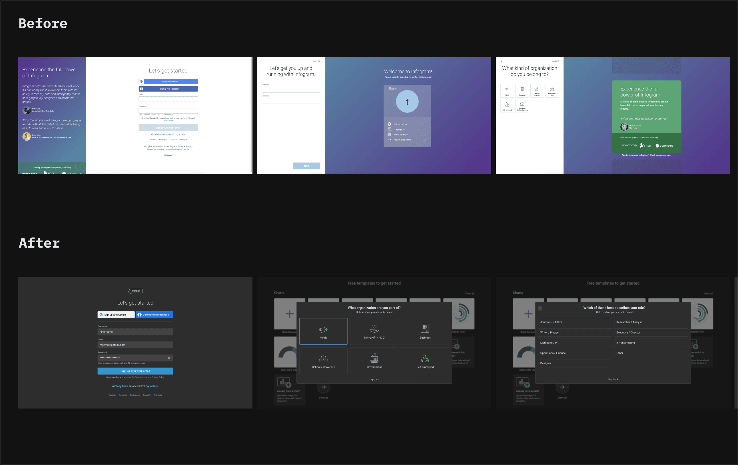 Signup flow before and after: the sign up form and the organization and role questions