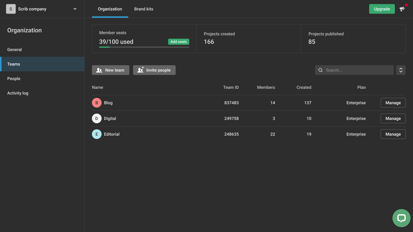 Infogram Organization view after the redesign
