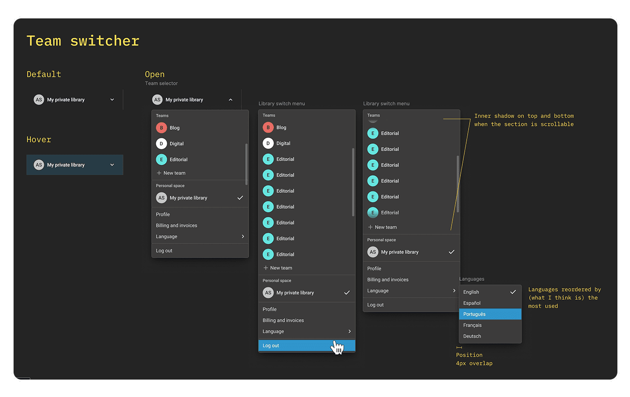 Team switcher states, scroll behavior, and spacing details