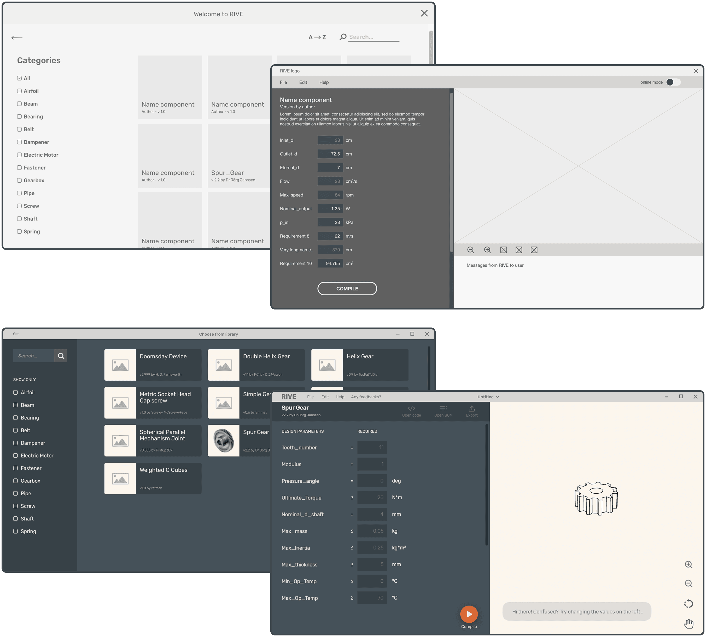 Early desktop prototype: component library, name-component modal and spur-gear workspace