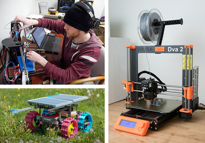 A maker building a 3D printer, a 3D-printed rover toy, and a Prusa 3D printer