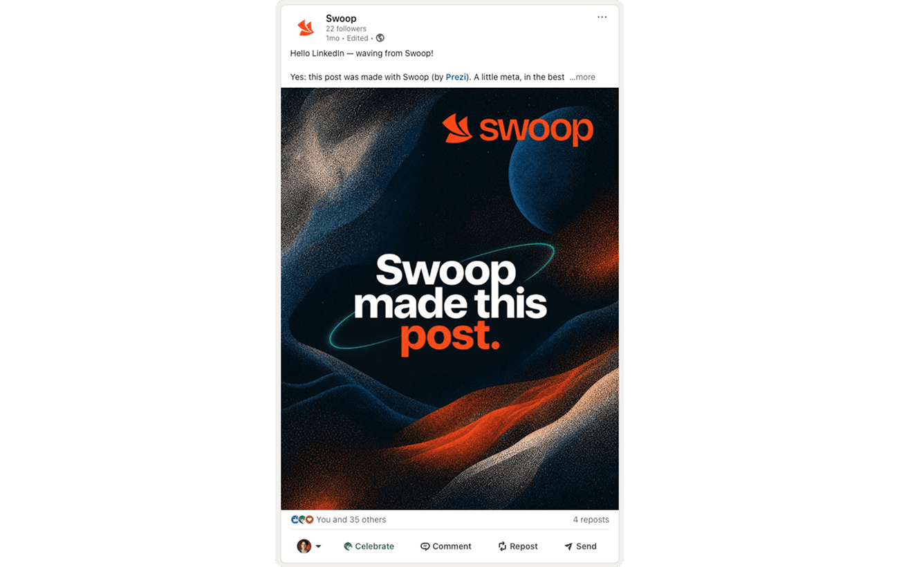 Screenshot of the LinkedIn post announcing Swoop