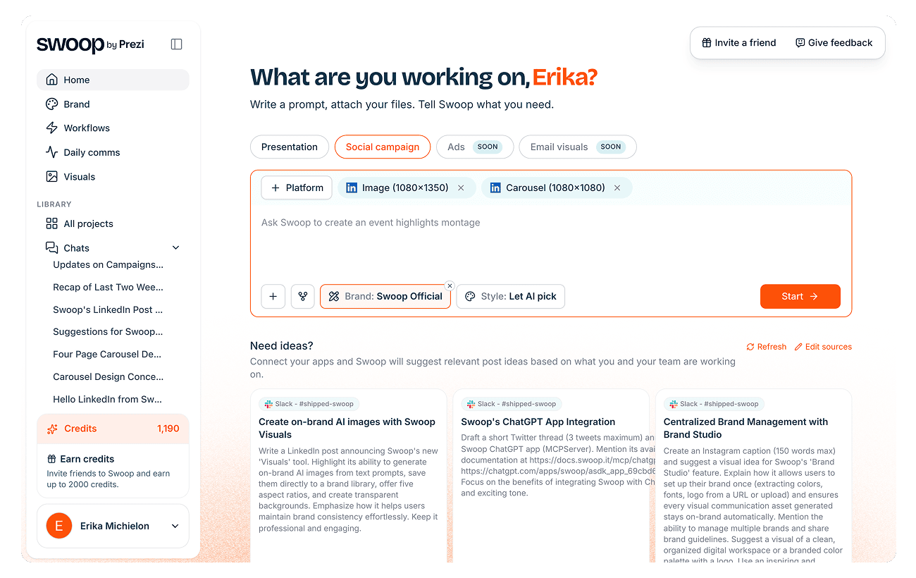 Suggested post ideas in the dashboard